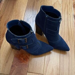Restricted Navy Suede Pointed Toe Buckle Ankle Boots Size 7.5
